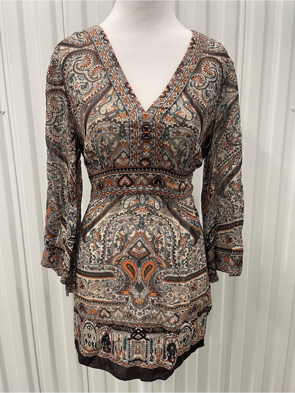 Vintage Brown Paisley Scarf Print Silk Tie Back Mini Dress 8 Sheer Boho Festival